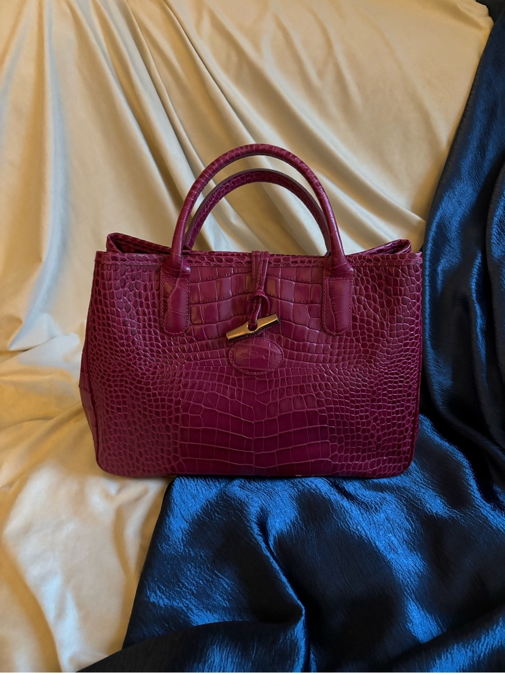 Longchamp Croc-Embossed Satchel in Plum